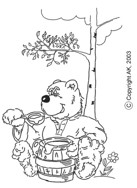 Розмальовки розмальовки для дітей за казками Задоволений ведмедик сидить біля берези і їсти мед дерев'яною ложкою з барильця