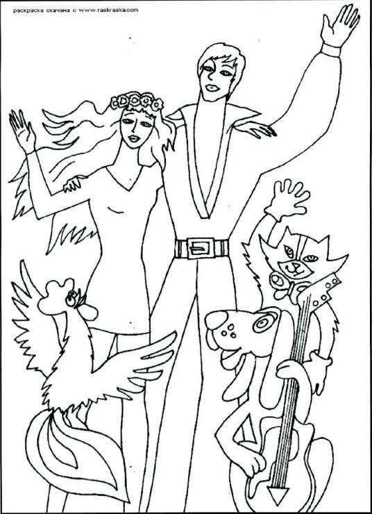 Розмальовки дітей Бременські музиканти Трубадур з принцесою котом, собакою і півнем 