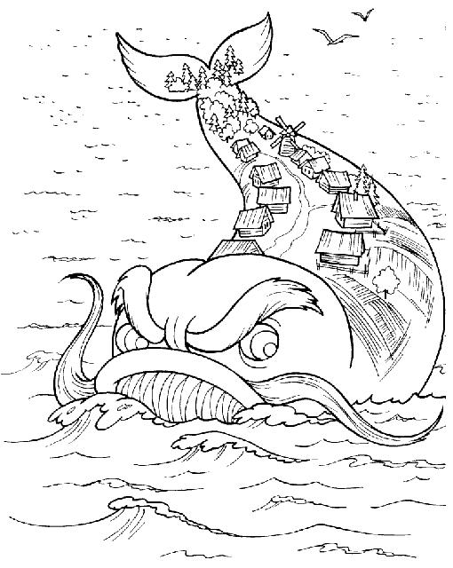Розмальовки дітей Чудо-юдо риба-кит на спині в нього ціле село з лісом і пливе він в море