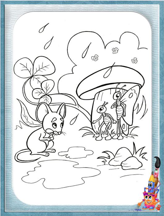 Розмальовки розмальовки для дітей за казками Мураха з метеликом звуть мишеняти до себе під великий гриб сховатися від дощу 