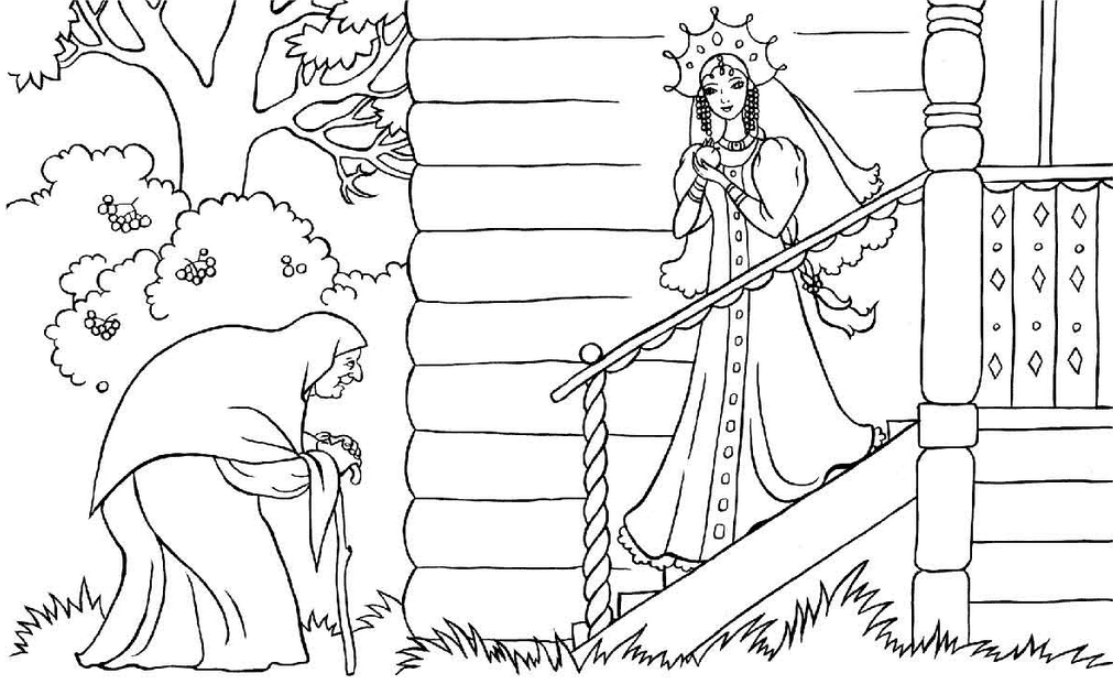 Розмальовки казках Варто белоснежка на ганку і в руках у неї яблуко яким пригостила стара бабуся