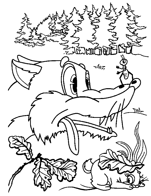 Розмальовки дітей У лисиці на носі сидить мураха а в низу під листком ховається зайченя