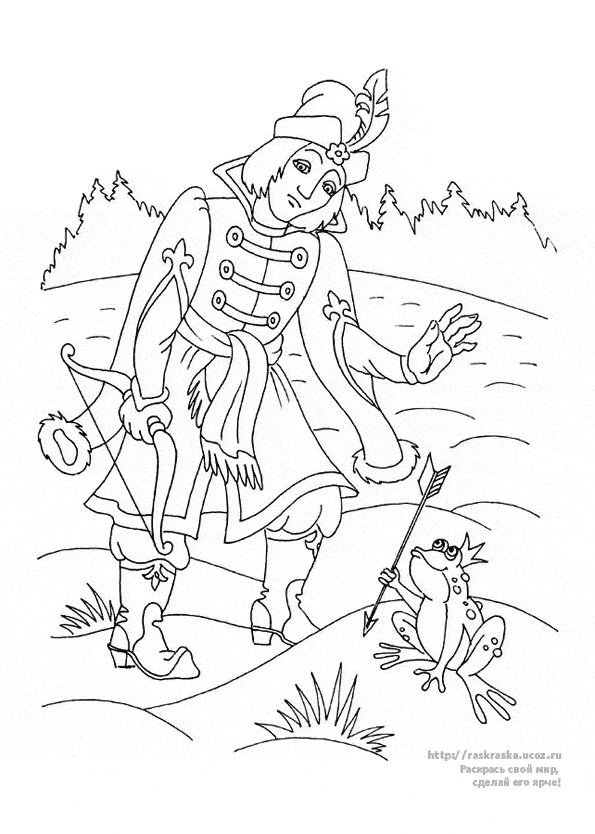 Розмальовки розмальовки для дітей за казками Іван дурень на болоті знайшов свою стрілу в руках у жаби з короною на голові