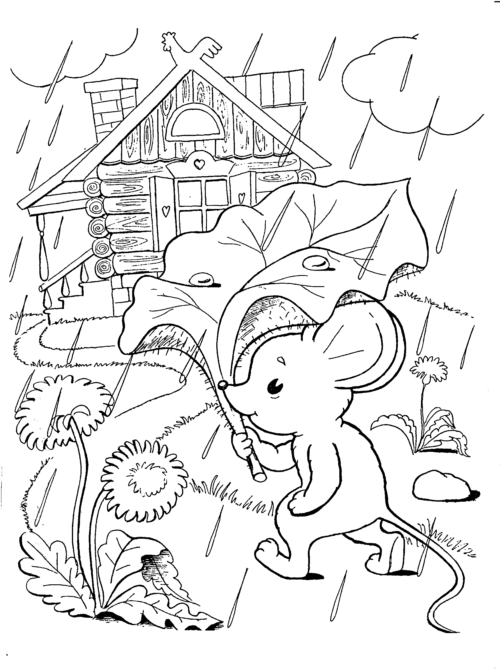 Розмальовки будиночка Мишеня йде до будиночка щоб не промокнути і над головою тримає листок від Лапухов