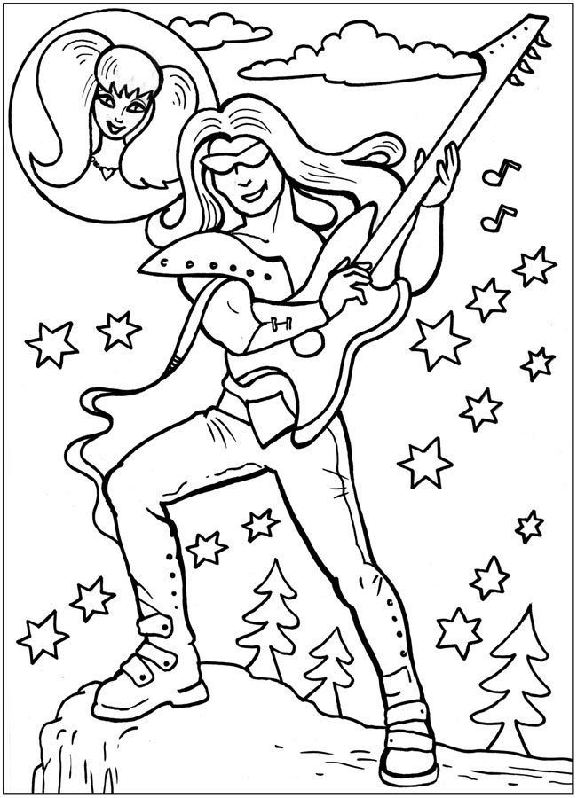 Розмальовки розмальовки для дітей за казками Трубадур грає на гітарі і думає про принцесу 