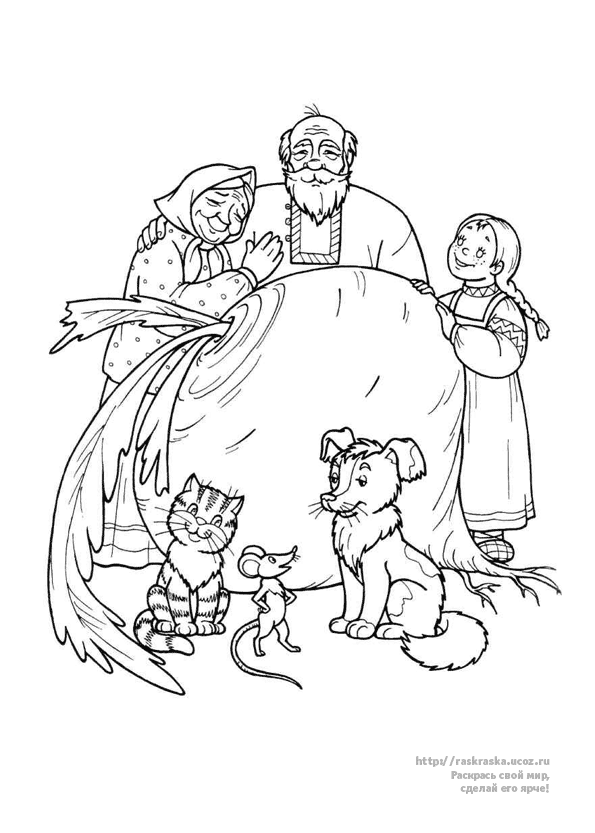 Розмальовки казках Бабка дід внучка жучка кіт і мишка стоять задоволені у великої ріпи