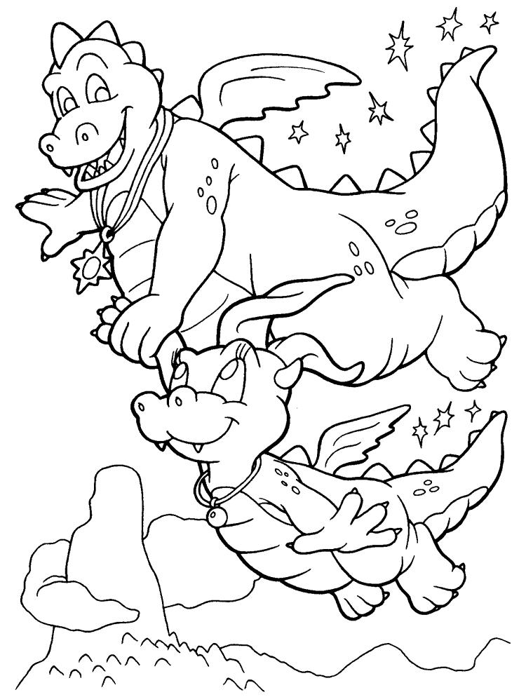 Розмальовки розмальовки для дітей за казками У небі летить великий дракон і тримає за лапку маленького дракончика