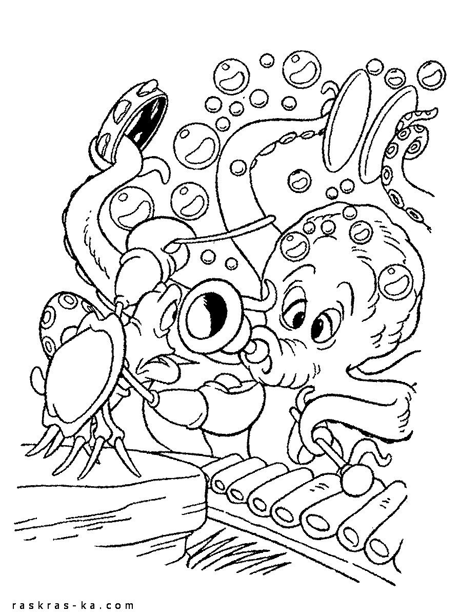 Розмальовки розмальовки для дітей за казками Морський восьминіг грає на музичних інструментах, а краб йому диригує