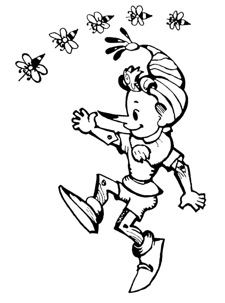 Розмальовки буратіно Буратіно танцює і над головою у нього літають бджоли