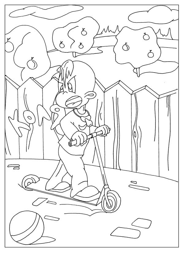 Розмальовки розмальовки для дітей за казками Їде хлопчик вздовж паркану на самокаті і до нього котиться м'ячик