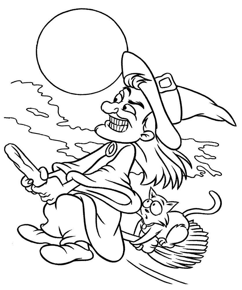 Розмальовки розмальовки для дітей за казками Відьма летить на мітлі під місячним світлом і кішка від страху тримається за мітлу
