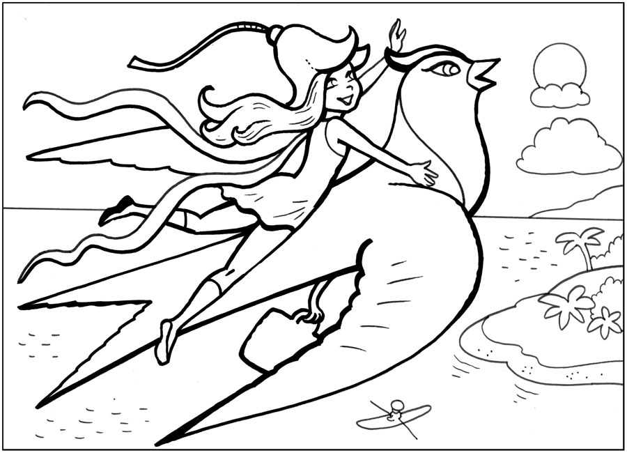 Розмальовки казками Дюймовочка летить в небі верхи на ластівці через море