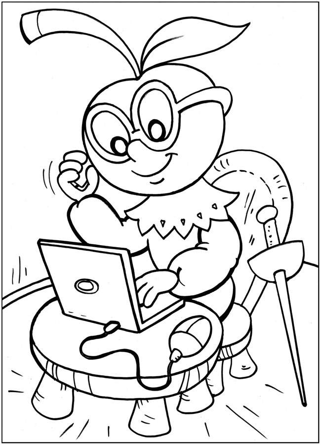 Розмальовки казками Вишенька сидить за столом і що щось робить у ноутбуці