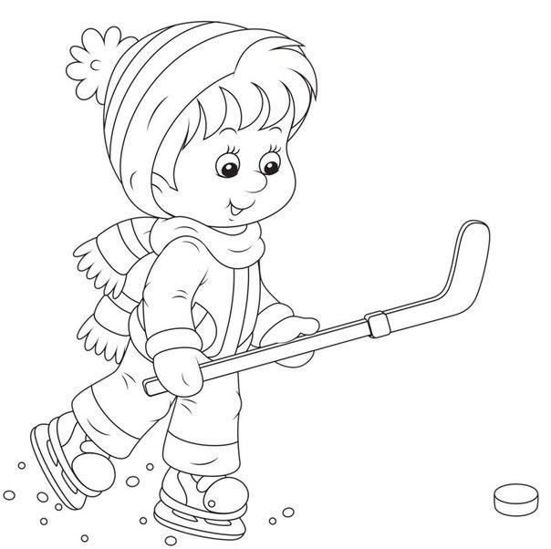 Раскраски Новый год мальчик шайба клюшка коньки лед каток