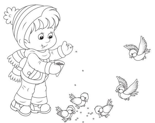 Розмальовки птахів дитина годує птахів взимку