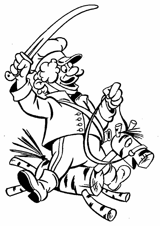 Розмальовки казками Гусар в кепці і шаблею в руках скаче на дерев'яній конячці