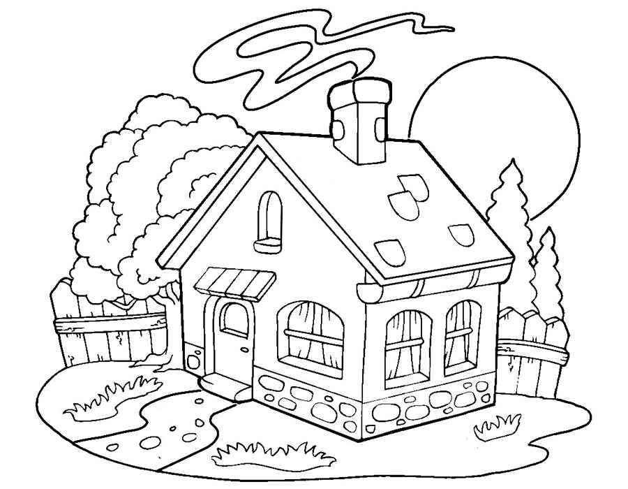 Раскраски раскраски для детей по сказкам Стоит домик на поляне и из трубы на крыше идет дымок