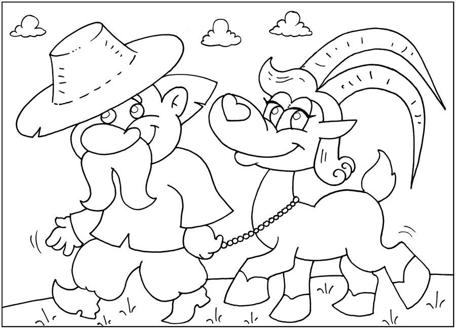 Раскраски раскраски для детей по сказкам Дедушка в большой шляпе ведет козу на поводке