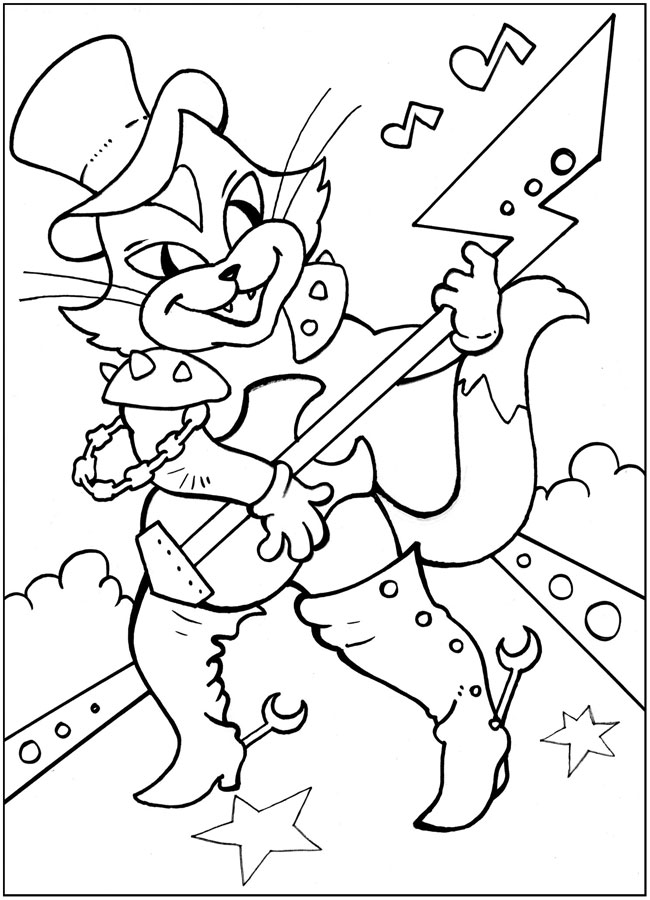 Розмальовки за Кіт з бременських музикантів в чоботях і капелюсі грає на гітарі