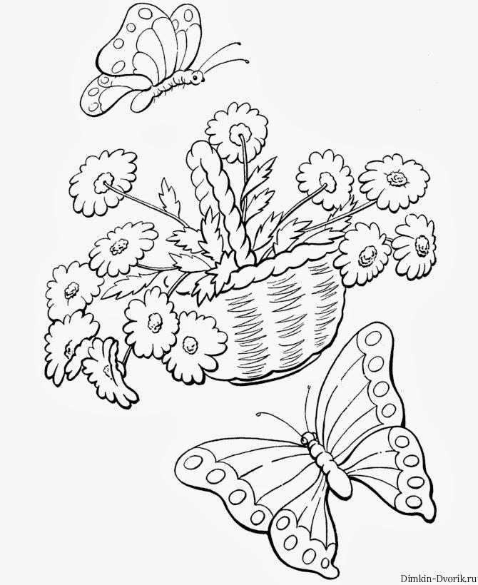 Раскраски раскраски для детей по сказкам Корзинка цветов и рядом летают две бабочки