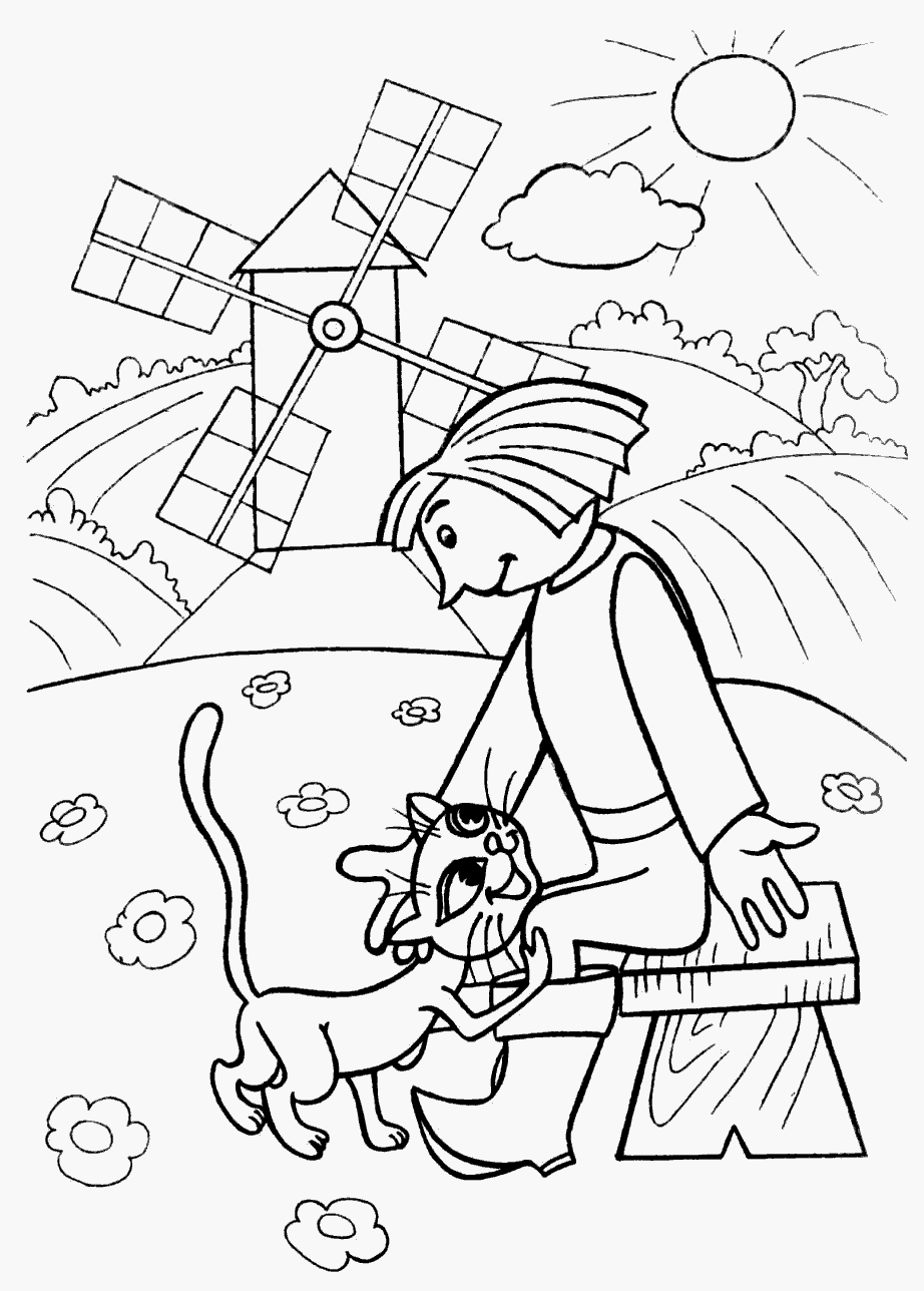 Розмальовки син Син мірошника сидить на лавки а поруч з ним кіт 
