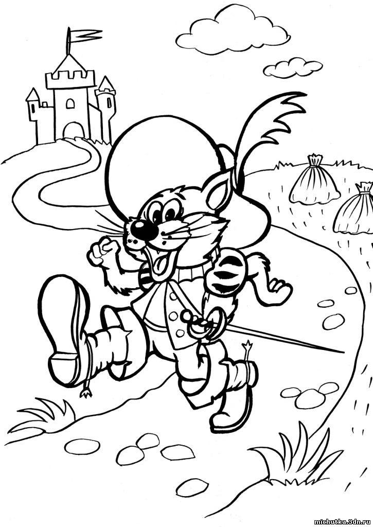 Раскраски раскраски для детей по сказкам Кот в сапогах и с большой шляпой бежит в доля поля