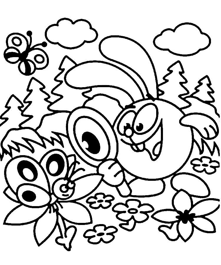 Раскраски раскраски для детей по сказкам Смешарик смотрит через лупу на бабочку которая сидит на цветке