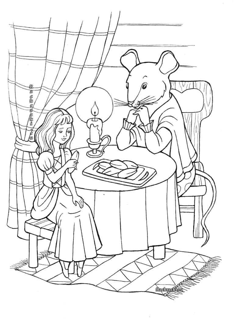 Розмальовки за Дюймовочка сидить за столом з мишкою і їсть пиріжок