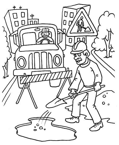 Розмальовки казками Дорожній робітник закопує яму на дорозі, а попереду їде вантажна машина 