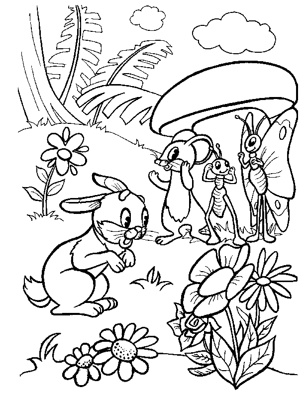 Розмальовки за Мишка мураха і мишка стоять під великим грибом а зайчик стрибає поруч