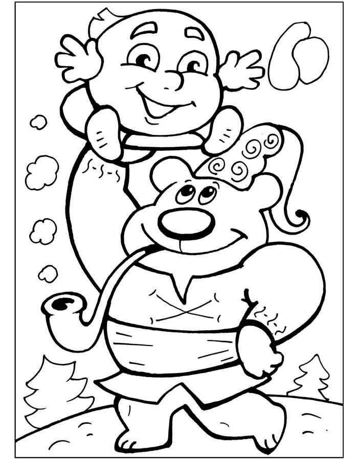 Раскраски раскраски для детей по сказкам Мишка с трубкой во рту держит колобка над головой