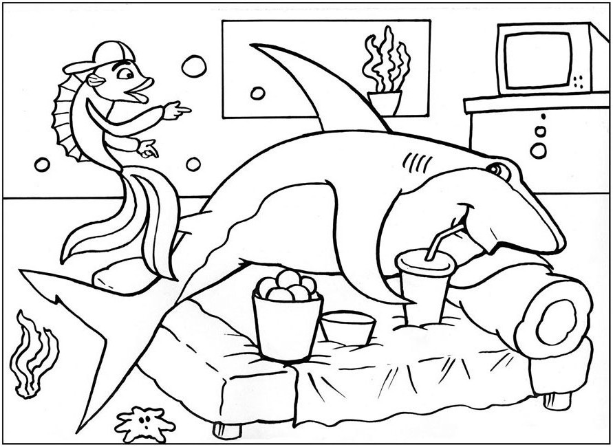 Раскраски раскраски для детей по сказкам Подводная братва, акула лежит на диване и потягивает коктель