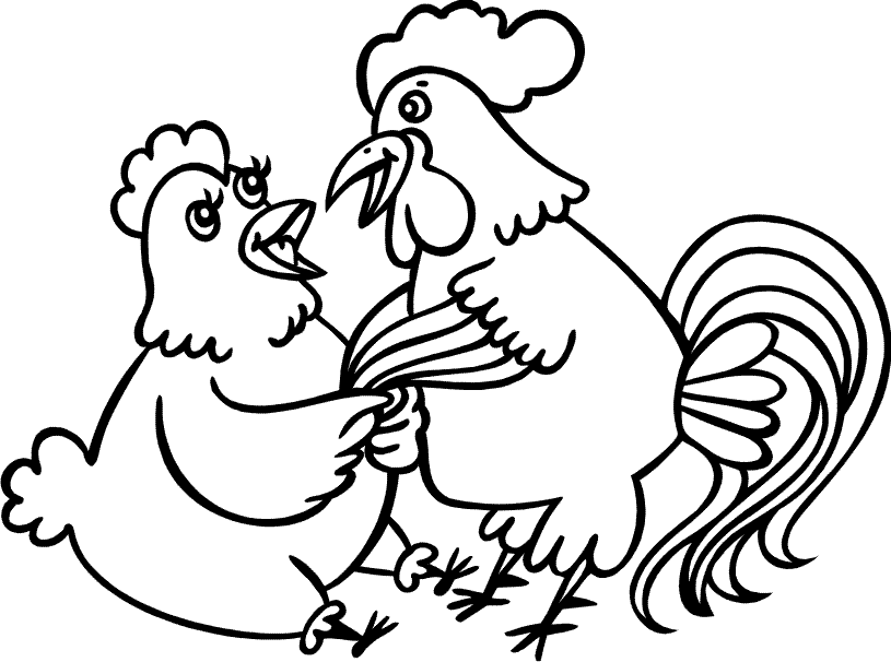 Розмальовки казками Курочка і півник тримаються разом за крильця 