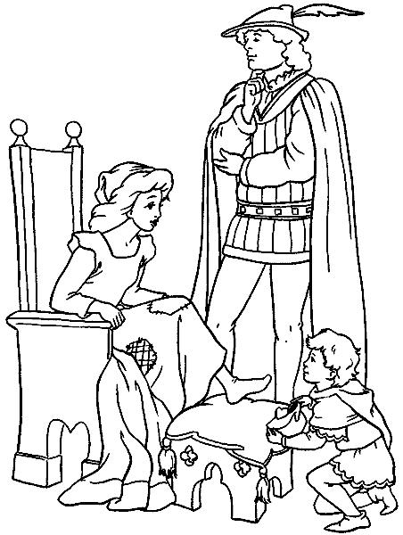 Раскраски раскраски для детей по сказкам Золушка примеряет хрустальную туфельку, а рядом стоит принц