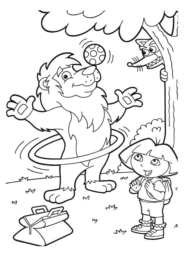 Розмальовки лев Лев крутить обруч на талії а на носі тримає м'ячик а дівчинка радісно плескає в долоні