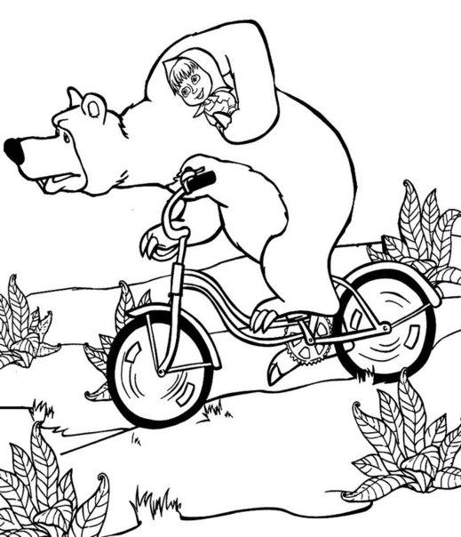 Раскраски раскраски для детей по сказкам Медведь едет на двух колесном велосипеде по лесу и держит в руке машу