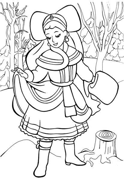 Раскраски раскраски для детей по сказкам Девочка в лесу радуется своему новому теплому наряду