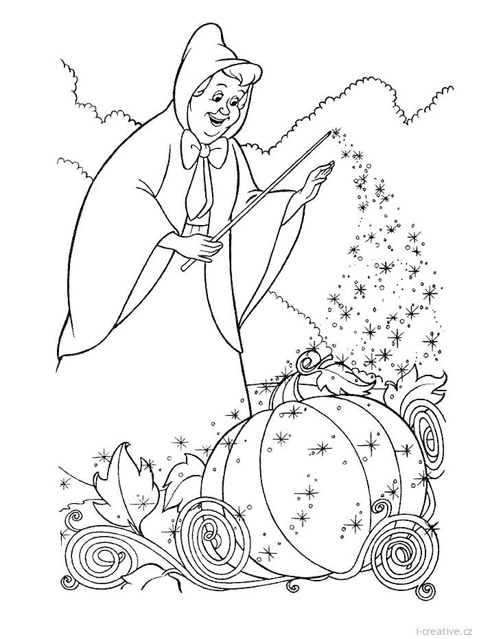 Раскраски раскраски для детей по сказкам Тетушка фея превращает тыкву в карету при помощи волшебной палочки
